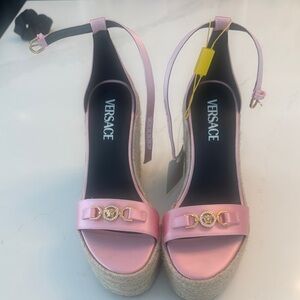 Versace Pink Wedge Sandals with Floral Embellishments